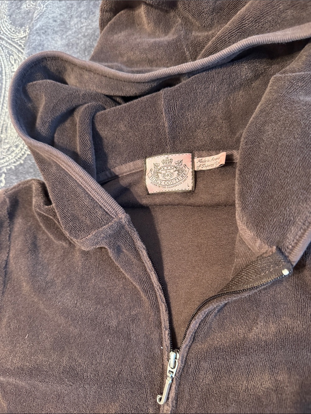 Juicy Couture Brown Velour Quarter-Zip Hoodie with Hood
